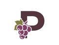 letter p with grapes. fruit alphabet logo symbol. gardening, harvest and winemaking design