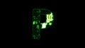 Letter P, lighting high tech digital cyber punk green alphabet on black, isolated - object 3D rendering