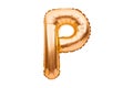 Letter P made of golden inflatable helium balloon isolated on white. Gold foil balloon font part of full alphabet set of upper Royalty Free Stock Photo