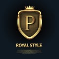 Letter P on the shield with crown isolated on dark background. Golden 3D initial logo business vector template. Luxury Royalty Free Stock Photo