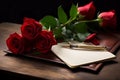 letter, pencil , red rose on table
