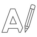 Letter A and pencil, writing thin line icon, linguistics concept, big A drawing vector sign on white background, outline