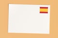 Letter Or Postcard From Spain: Blank White Card with Spanish Flag Postage Stamp, 3d Illustration