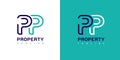 Letter PP, P Logo Design. Property Logo. On white, cyan, and blue colors. Simple, luxurious, and elegant template illustration