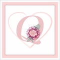 The letter `Q` in the alphabet. Decoratively decorated with flowers.