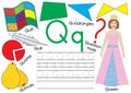 Letter Q. Learning English alphabet. Writing practice of capital and small letters. Vector illustration. Royalty Free Stock Photo