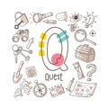 Letter Q - Quest, cute alphabet series in doodle style