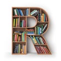 Letter R. Alphabet in the form of shelves with books isolated on