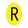 The letter R is black in color with a yellow ellipse frame