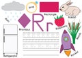 Letter R. Card with pictures and writing practice for preschool children. Learning English language. Royalty Free Stock Photo