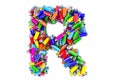 Letter R from colored spray paint cans, 3D rendering