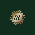 Letter R Decorative Alphabet Logo Isolated On Dark Green Background, Elegant Curl & Floral Logo Concept, Luxury Gold Initial Abjad