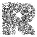 Letter R. Dudling drawing, mandala. Alphabet in the style of dudling, letters of the alphabet. Royalty Free Stock Photo