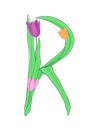 Letter R of English alphabet from tulip flowers, floral font for spring Mother\'s Day design Royalty Free Stock Photo