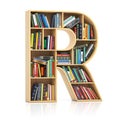 Letter R in form of bookshelf with book and texbooks. Educational and learning conceptual font and alphabet