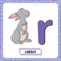 Letter R lowercase with cute cartoon Rabbit or Hare isolated on white background. Funny colorful flashcard Zoo and animals