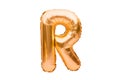 Letter R made of golden inflatable helium balloon isolated on white. Gold foil balloon font part of full alphabet set of upper Royalty Free Stock Photo