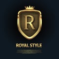 Letter R on the shield with crown isolated on dark background. Golden 3D initial logo business vector template. Luxury
