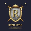 Letter R and two crossed swords and shield with crown. Letter Design in gold color for uses as heraldic symbol of power
