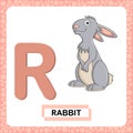 Letter R uppercase with cute cartoon Rabbit or Hare isolated on white background. Funny colorful flashcard Zoo and animals