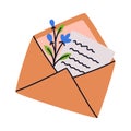 Letter Receive and Send with Open Craft Envelope with Floral Twig Vector Illustration