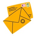 Letter Receive and Send with Yellow Envelope and Postage Stamp Vector Illustration