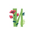 Letter of the Russian alphabet. Vector. Slavic Cyrillic font. Beautiful color letters in plants and flowers. Botany and floristry.