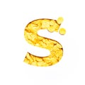 Letter S of alphabet made of bio cereals corn flakes and paper cut isolated on white. Typeface for healthy food store