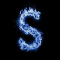 Letter S. Blue fire flames on black