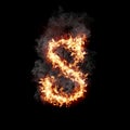 Letter S burning in fire with smoke, digital art isolated on black background, a letter from alphabet set Royalty Free Stock Photo