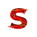 Letter S of English alphabet of hot red chili pepper and cut paper isolated on white. Font, typeface of spicy vegetables