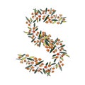 Letter S of the english and latin floral alphabet. graphic on a white background. letter S of sprigs blooming with orange flowers