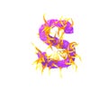 Letter S isolated on white made of purple alien flesh and orange tentacles - space alphabet for space invaders concept, 3D