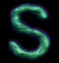 Letter S made of natural green snake skin texture isolated on black. Royalty Free Stock Photo