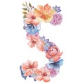 Letter S of watercolor flowers, isolated hand drawn on a white background, wedding design, english alphabet