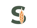 letter s with wheat ear. harvest and organic food alphabet logo. cereal farming, agriculture and grain crops design