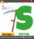 Letter S worksheet with cartoon scythe agricultural hand tool