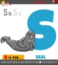 letter S worksheet with cartoon seal animal character