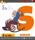 Letter S worksheet with cartoon senior character