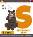 letter S worksheet with cartoon spectacled bear animal