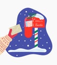 Letter for Santa. A hand holds an envelope. Mailbox with letters to Santa. Correspondence. Flat vector illustration Royalty Free Stock Photo