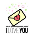 Letter sealed with heart shaped icon. Saint Valentine Day design greeting card. Flat line style