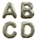 Letter set A, B, C, D made of realistic 3d render silver color. Collection of gold low polly style