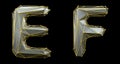 Letter set E, F made of realistic 3d render silver color. Collection of gold low polly style