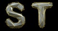 Letter set S, T made of realistic 3d render silver color. Collection of gold low polly style