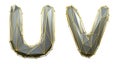 Letter set U, V made of realistic 3d render silver color. Collection of gold low polly style