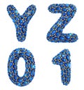 Letter set Y, Z, 0, 1 made of realistic 3d render blue diamond. Collection of Diamond alphabet