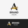 Letter A Shape Gold Logo with gold luxury gradient and wavy shape