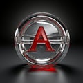 the letter a is shown in a shiny red and silver circle on a black background