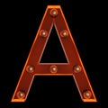 Letter A for sign with light bulbs. Front view illuminated capital symbol on black background. 3d illustration